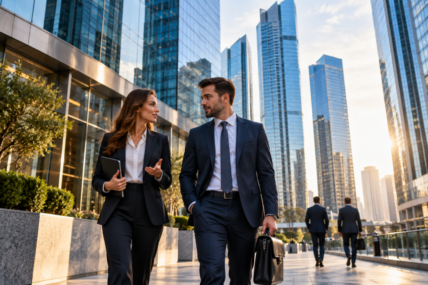 Business professionals discussing corporate finance in a modern financial district surrounded by glass skyscrapers
