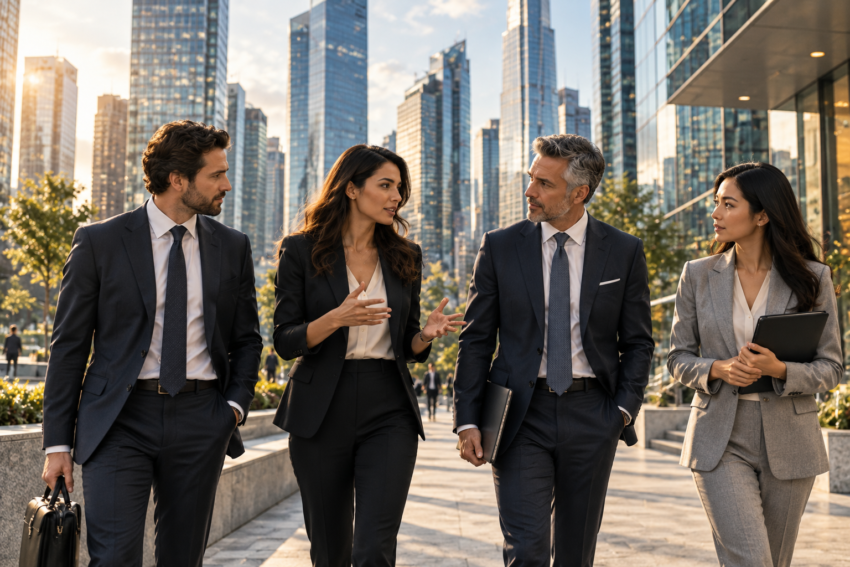 Business professionals discussing financial planning while walking through a modern business district