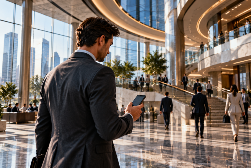 Business professional using a smartphone in a modern financial center atrium with glass architecture and people walking