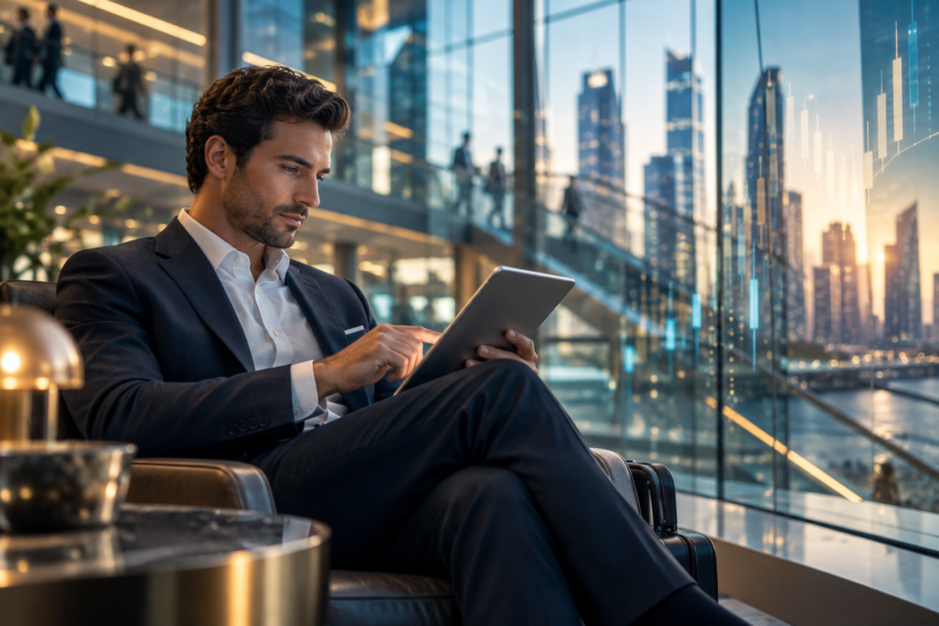 Professional stock trading workstation with multiple financial monitors in a modern office overlooking the city