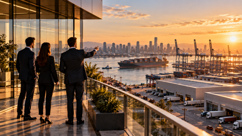Modern glass corporate headquarters overlooking a financial district at sunset, representing business enterprise valuation