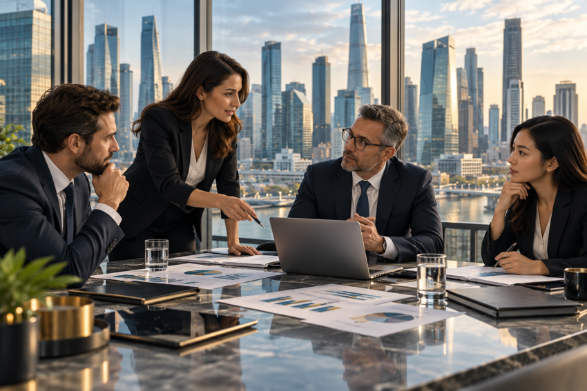 Corporate finance executives discussing financial strategy during a boardroom meeting overlooking a modern business district