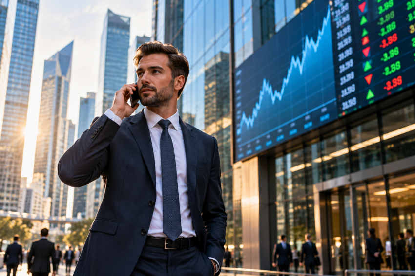 Businessman speaking on a smartphone outside modern glass skyscrapers in a financial district