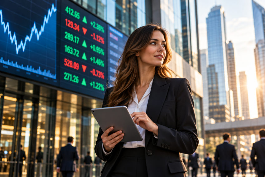 Financial analyst reviewing investment information at a laptop in a modern office overlooking a city skyline