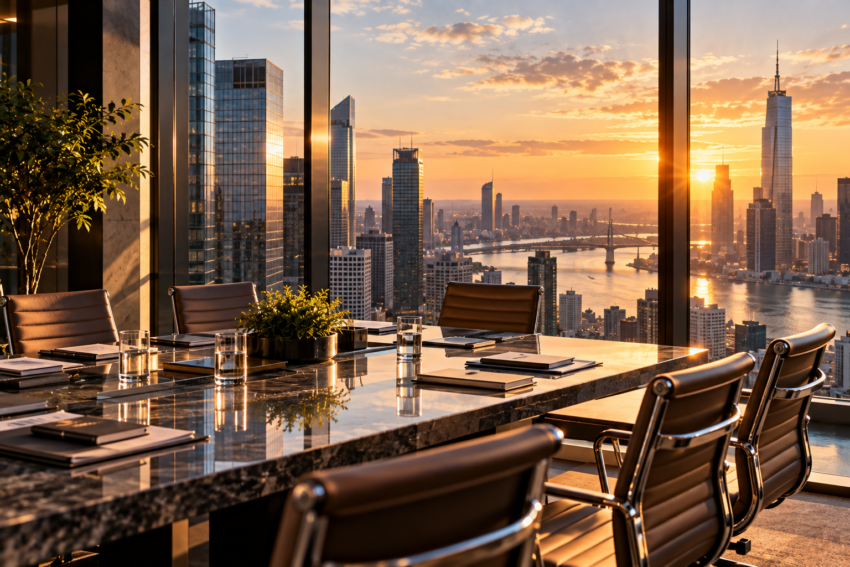 Modern glass corporate headquarters overlooking a financial district at sunset, representing business enterprise valuation