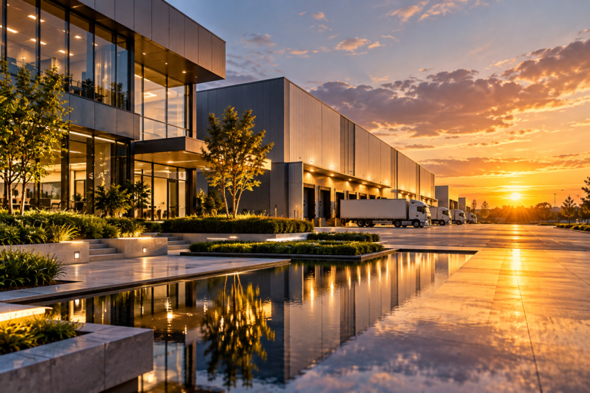 Modern corporate industrial facility with logistics warehouses, delivery trucks, and office buildings representing business assets