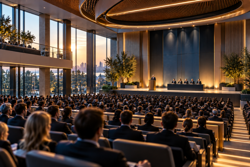 Shareholders attending a corporate annual meeting in a modern conference auditorium with executive board members on stage
