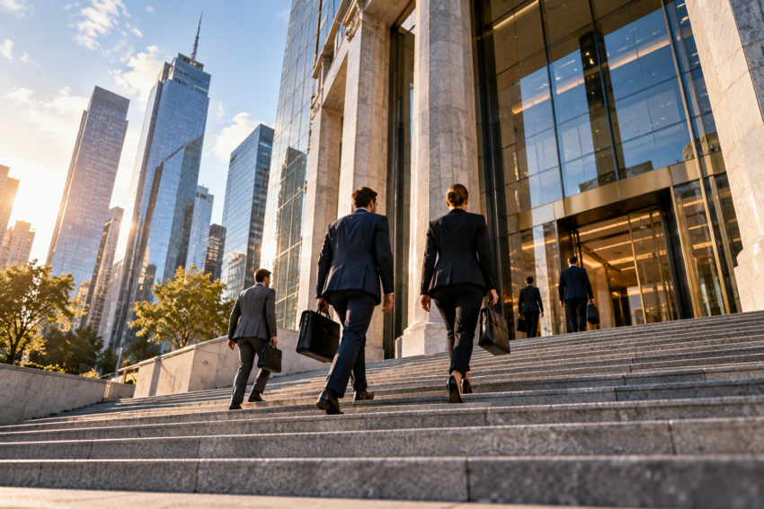 Business professionals walking up the steps of a modern glass financial building in a city business district