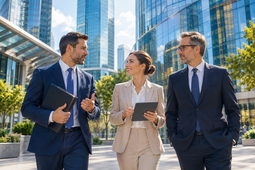 Financial advisors reviewing business valuation and acquisition documents in a modern corporate office