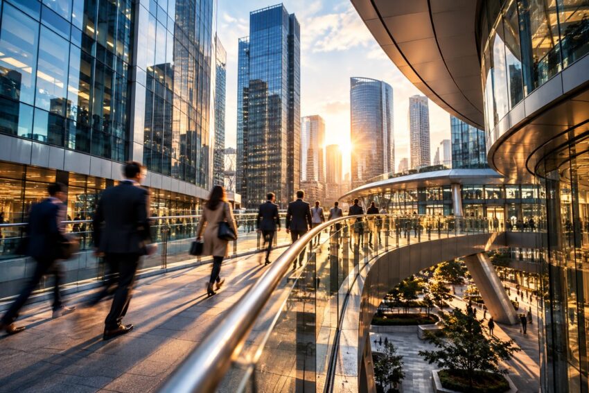 Business professionals walking across a modern glass skybridge surrounded by financial district skyscrapers at sunset